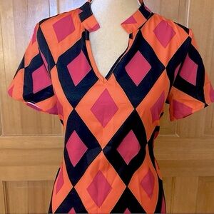 NWT, Lavishly Paris Women’s Geo Print Notched Neck  Blouse